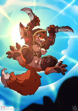 4_toes anthro armor barefoot black_pawpads breasts clitoris curling_toes dagger ear_piercing ear_ring feet female genitals hood jumping melee_weapon nipples open_mouth pawpads paws piercing ring_piercing soles spread_legs spread_toes spreading toes unconvincing_armor vulva weapon atryl blizzard_entertainment warcraft candra_(feril) canid mammal vulpera 2020 hi_res