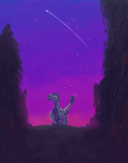 claws digitigrade forest gradient_background looking_up markings night nightsky open_mouth plant purple_body purple_eyes shooting_star simple_background sitting striped_markings stripes tail tree jaxfera dinosaur prehistoric_species reptile saurischian scalie theropod troodon troodontid absurd_res hi_res