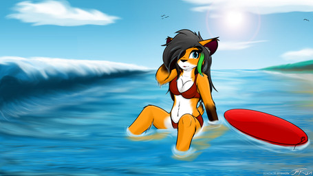 anthro bikini breasts cleavage clothed clothing cloud female hair midriff navel red_bikini red_clothing red_swimwear solo sun surfboard swimwear tidal_wave two-piece_swimsuit jknewlife felid mammal pantherine tiger 16:9 absurd_res hi_res widescreen