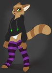 3_toes 4_fingers anthro biped black_clothing black_hoodie black_nose black_topwear blue_eyes bottomless bottomless_anthro bottomless_female brown_body brown_ears brown_fur claws clothed clothed_anthro clothed_female clothing digitigrade eyelashes facial_markings featureless_crotch feet female finger_claws fingers fur gloves_(marking) green_eyes head_markings heterochromia hoodie leaf legwear looking_at_viewer markings mask_(marking) multicolored_body multicolored_fur open_mouth pattern_clothing pattern_legwear pattern_stockings purple_clothing purple_legwear purple_stockings red_tongue smile smiling_at_viewer snout solo standing stockings striped_body striped_clothing striped_fur striped_legwear striped_markings striped_stockings striped_tail stripes tail tail_markings tan_body tan_fur tan_inner_ear toes tongue topwear two_tone_body two_tone_fur white_body white_fur honeyfox yuki_(side_b) canid canine mammal raccoon_dog tanuki 2022 dated digital_drawing_(artwork) digital_media_(artwork) hi_res shaded signature