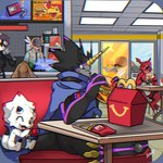 anthro belt black_body black_sclera burger cape claws clothing eating female food group horn male smile white_body dclaretxrevolt bandai_namco digimon mcdonald's angewomon beelzemon digimon_(species) gammamon guilmon gulusgammamon humanoid scalie 1:1