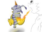 4:3 ambiguous_gender animal_skin bandai_namco breath_powers burning butt butt_on_fire digimon digimon_(species) duo elemental_manipulation fifybear fire fire_breathing fire_manipulation gabumon guilmon hand_on_butt hasbro horn pain rear_view tail tail_on_tail
