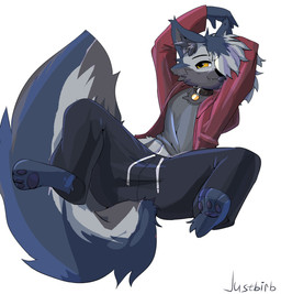 3_toes 5_fingers anthro barefoot black_bottomwear black_clothing black_collar black_nose black_pants black_pawpads blush bottomwear clothed clothing collar countershade_face countershade_fur countershade_tail countershade_torso countershading digitigrade eyebrows feet fingers fluffy fluffy_tail fully_clothed fur grey_body grey_clothing grey_fur grey_hair grey_shirt grey_topwear hair hair_over_eye hand_above_head hand_behind_head humanoid_hands inner_ear_fluff jacket looking_at_viewer male multicolored_body multicolored_fur multicolored_hair narrowed_eyes navel one_eye_obstructed open_clothing open_jacket open_topwear pants pawpads paws reclining red_clothing red_jacket red_topwear shirt simple_background smile snaggle_tooth snout solo tail text three-quarter_view toes topwear tuft two_tone_hair white_background white_body white_countershading white_fur white_hair yellow_eyes justbirb canid canine canis mammal wolf artist_name character_request digital_media_(artwork) hi_res krita_(artwork)