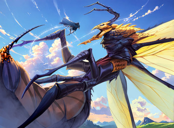 antennae_(anatomy) anthro armor battle cloak clothing duo exoskeleton fight greaves holding_object holding_weapon male size_difference stinger swinging_weapon weapon whip whip_sword wings thewyvernsweaver last_fables the_slayer_(last_fables) arthropod canid canine canis hymenopteran insect mammal monster wasp wolf absurd_res hi_res