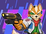 anthro black_nose cheek_tuft clothed clothing eyebrows facial_tuft fingers fur gloves green_eyes gun handwear head_tuft holding_object holding_weapon inner_ear_fluff jacket kerchief male orange_body orange_fur ranged_weapon solo tan_body tan_fur topwear tuft weapon whiskers dasoka tokuya nintendo star_fox fox_mccloud canid canine fox mammal 4:3 hi_res signature