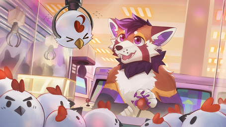 anthro beak black_hair cheek_tuft claw_machine dot_eyes eyes_closed facial_tuft fangs fur group hair happy inner_ear_fluff inside joystick male male_anthro multicolored_hair nude open_mouth open_smile orange_body orange_fur purple_hair purple_inner_ear_fluff red_tongue simple_eyes smile teeth tongue tuft two_tone_hair white_body white_fur yellow_beak kuttoyaki archer_(archeremberpelt) ailurid avian bird chicken galliform mammal phasianid red_panda 16:9 hi_res widescreen