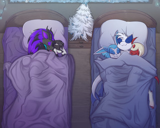 1_horn 2_horns bed bed_sheet bedding black_body black_fur black_highlights black_markings black_nose blue_hair closed_smile cuddling eyes_closed facial_markings forehead_gem fur furniture gem grey_body grey_fur hair head_markings high-angle_view highlights_(coloring) holidays horn long_hair lying lying_on_bed markings mask_(marking) mouth_closed on_back on_bed on_side open_mouth open_smile pillow sleeping smile teeth tongue white_body white_fur fuf christmas nintendo pokemon artemis_(fellarts) artemis_the_absol azula_arktandr absol eeveelution generation_1_pokemon generation_2_pokemon generation_3_pokemon generation_4_pokemon generation_5_pokemon glaceon hybrid legendary_pokemon lucario lugia mew_(pokemon) pokemon_(species) zoroark 2018 alternate_version_at_source hi_res