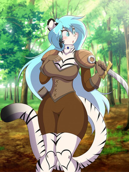 5_fingers anthro armor big_breasts big_hair big_tail black_markings blue_hair blush bottomwear breasts cleavage clothed clothing curvy_figure dagger day female fingers forest fur gloves hair hand_on_breast handwear heart_symbol jewelry leather leather_armor long_hair long_tail markings melee_weapon nature necklace outside pigeon_toed plant shorts skinny solo stripes tail thick_thighs tree weapon white_body white_fur wide_hips mastergodai felid mammal pantherine tiger 2018 3:4 hi_res