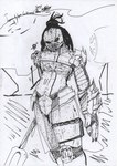 clothed clothing female musclegut muscular partially_clothed shoulder_pads solo jabutico predator_(franchise) alien alien_humanoid humanoid yautja graphite_(artwork) hi_res pen_(artwork) traditional_media_(artwork)