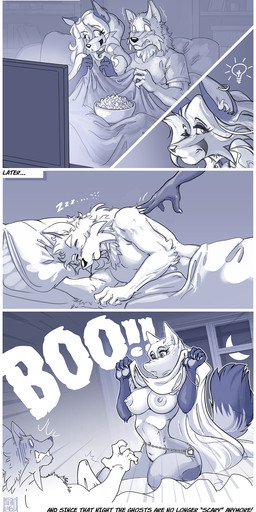 anthro bed bed_sheet bedding bedsheet_ghost blanket breasts clothed clothed_anthro clothed_female clothed_male clothing duo erection_under_blanket female food fur furniture hair lying lying_on_bed male male/female night nipples nude nude_anthro nude_male on_bed on_side popcorn rude_awakening scared scaroused sleeping sound_effects text text_box thinking vowelless vowelless_sound_effect watching_movie zzz magolobo angie_(magolobo) miguel_(magolobo) canid canine canis fox mammal wolf comic english_text greyscale hi_res monochrome