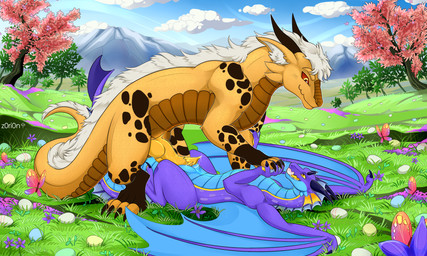 balls blush bodily_fluids detailed_background duo easter_egg erection female feral genital_fluids genitals hair holidays horn love male male/female nipples nude penis sex tail tongue vulva wings z0ri0n easter mythology durza komu dragon mythological_creature mythological_scalie scalie 5:3 digital_media_(artwork) hi_res