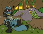 ambiguous_fluids ambiguous_gender animal_genitalia animal_vulva anthro bdsm blush bondage bound canine_genitalia canine_vulva detailed_background duo exposed female genitals messy nature nude outside vulva trout_(artist) nintendo pokemon generation_1_pokemon generation_4_pokemon metapod pokemon_(species) riolu 2017