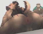 anthro anus backsack balls belly blush bodily_fluids brown_body butt duo eyes_closed genitals kemono male overweight overweight_male scar sitting sweat dumdum lifewonders tokyo_afterschool_summoners ashigara_(tas) yasuyori_(tas) bear canid canine canis domestic_dog mammal 2021 absurd_res hi_res