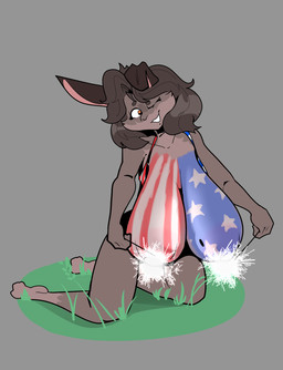 american_flag_bikini anthro big_breasts bikini bodypaint breasts clothing female flag_bikini flag_swimwear grass huge_breasts hyper hyper_breasts kneeling plant sagging_breasts solo sparklers swimwear two-piece_swimsuit empskit marlena_(empskit) lagomorph leporid mammal rabbit hi_res