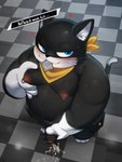 anthro barbell_piercing bedroom_eyes belly belt black_body black_fur black_nose blue_eyes blush bodily_fluids censored_genitalia chest_grab condom condom_in_mouth condom_wrapper cum cum_on_ground dipstick_tail ejaculation erect_nipples fingers floor foreskin fur genital_fluids genitals gloves_(marking) heart_symbol hearts_around_head inner_ear_fluff kerchief looking_at_viewer lust male markings mask moob_grab moobs mouth_hold narrowed_eyes navel nipple_barbell nipple_outline nipple_piercing nipples object_in_mouth overweight overweight_male penis piercing pink_nipples satchel seductive sexual_barrier_device solo sweat sweatdrop tail tail_markings text thick_arms tile tile_floor tuft wearing_mask whiskers white_body white_fur white_inner_ear white_inner_ear_fluff white_toes dorobo_39 persona_(series) persona_5 morgana_(persona) domestic_cat felid feline felis mammal tuxedo_cat censored hi_res