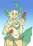 5_fingers alternate_species biped clothed clothing female fingers hand_on_hip humanoidized midriff navel pokemorph smile solo mocha-wing nintendo pokemon eeveelution generation_4_pokemon humanoid leafeon pokemon_(species) 2021 absurd_res hi_res