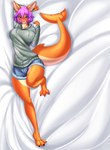 anthro bed big_breasts blue_eyes bottomwear breasts clothing countershading ear_piercing female furniture grey_clothing grey_hoodie grey_topwear hair hoodie hotpants lying messy_hair nipple_outline nipples non-mammal_breasts non-mammal_nipples on_back on_bed orange_body piercing pink_hair shark_tail sharp_teeth short_hair shorts solo tan_body tan_countershading teeth thick_thighs topwear wide_hips keirontv gwen_haifisch_(codsterox) fish marine shark absurd_res hi_res