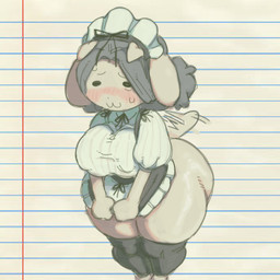 :3 anthro big_breasts big_butt blush bodily_fluids bottomwear breasts butt clothing dot_eyes embarrassed female grey_hair hair holding_clothing holding_object huge_breasts huge_butt huge_hips huge_thighs hyper hyper_thighs leggings legwear maid_uniform nipple_outline shy simple_background simple_eyes skirt smile solo sweat tail tail_motion tailwag thick_thighs tied_hair uniform white_body wide_hips nucr4r undertale undertale_(series) temmie_(undertale) tem 1:1 digital_drawing_(artwork) digital_media_(artwork) hi_res