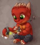 anthro biped chibi clothed clothing green_eyes horn legwear male partially_clothed red_body red_skin simple_background sitting smile solo tail teeth tizzle_bizzle mythology krazen dragon lizard mythological_creature mythological_scalie reptile scalie 2014