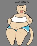 :3 anthro bare_shoulders barefoot beady_eyes belly big_belly big_breasts black_outline blue_bottomwear blue_clothing blue_shorts bottomwear bra breasts cleavage clothed clothing feet female fur grey_background happy markings mole_(marking) navel open_:3 open_mouth outline overweight overweight_anthro overweight_female shorts simple_background sitting solo tail tan_body tan_fur text underwear whiskers white_bra white_clothing white_underwear cassicat cassi_cat_(cassicat) domestic_cat felid feline felis mammal 2023 cel_shading digital_media_(artwork) english_text full-length_portrait portrait shaded trans_(lore) trans_woman_(lore)