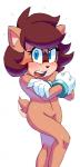 anthro blue_eyes blush bodily_fluids brown_hair clothing covering covering_chest covering_self eyelashes female fur gloves hair handwear nude solo sweat tan_body tan_fur extraspecialzone sega sonic_the_hedgehog_(series) bump_the_deer fan_character deer mammal