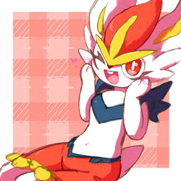 ambiguous_gender anthro blush blush_lines buckteeth fur hand_on_cheek heart_symbol looking_at_viewer navel one_eye_closed open_mouth pattern_background red_eyes simple_background solo tail teeth white_body white_fur astella1204 nintendo pokemon cinderace generation_8_pokemon lagomorph mammal pokemon_(species) 1:1 2025 hi_res signature