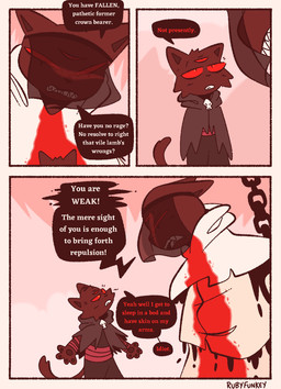 3_eyes ambiguous_anthro ambiguous_gender anthro cheek_tuft dialogue duo eye_contact facial_tuft fur looking_at_another multi_eye red_eyes sharp_teeth speech_bubble square_crossover talking_to_another teeth text tuft rubyfunkey cult_of_the_lamb massive_monster_(studio) narinder the_one_who_waits domestic_cat felid feline felis mammal 2024 comic digital_drawing_(artwork) digital_media_(artwork) english_text hi_res
