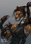 5_fingers anthro black_nose breasts brown_hair brown_nose clothed clothing female fingers hair holding_object holding_weapon looking_at_viewer smile solo teeth weapon tatiilange junnoshu_sherezain felid mammal pantherine tiger 2018 digital_media_(artwork) hi_res