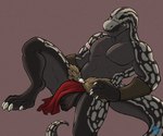 anthro armband armor balls barbarian bottomwear bottomwear_aside bracers claws clothed clothing clothing_aside fur genitals humanoid_genitalia humanoid_penis loincloth loincloth_aside looking_at_viewer male muscular muscular_anthro muscular_male pecs penis penis_poking_out pose scar simple_background sitting smile solo spots tail teeth topless yellow_eyes conditional_dnp electroporn dinosaur lizard monitor_lizard prehistoric_species reptile scalie digital_media_(artwork) hi_res pinup
