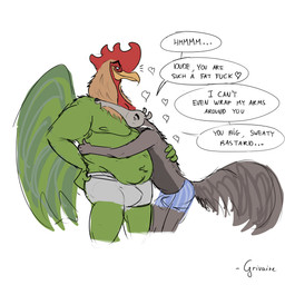 clothed clothing cuddling dialogue duo eyes_closed heart_symbol male male/male musclegut muscular overweight simple_background size_difference smile underwear underwear_only weight_difference white_background grivaire grivaire_(character) anteater avian bird chicken galliform mammal phasianid pilosan xenarthran absurd_res comic hi_res