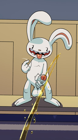 anthro balls beckoning bodily_fluids foreskin fuzzy_balls genital_fluids genitals gesture holding_penis inviting male partially_retracted_foreskin peeing penis public_urination saggy_balls solo tongue tongue_out urine urine_stream watersports argon_vile sam_and_max max_(sam_and_max) lagomorph mammal hi_res