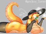 anthro big_breasts big_hat breasts cigarette cigarette_in_mouth clothing female gloves handwear hat headgear headwear mature_anthro mature_female mostly_nude non-mammal_breasts object_in_mouth orange_body scales serpentine simple_background smoke snake_hood solo tail thick_thighs yellow_eyes geckos_lover yairo raquel_(yairo) cobra reptile scalie snake 4:3 digital_media_(artwork) hi_res krita_(artwork)