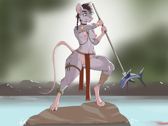 4_toes 5_fingers anthro areola black_hair blood bodily_fluids bottomwear braided_hair breasts clothing eyebrows eyelashes feet female fingers genitals green_eyes hair loincloth melee_weapon nipples nude polearm solo spear toes tribal vulva weapon gewitter aquatic fish mammal murid murine rat rodent