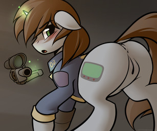 alternate_universe anus brown_mane brown_tail butt cutie_mark dock_(anatomy) female feral fur genitals grey_body grey_fur gun handgun horn mane pip-boy raised_tail ranged_weapon solo tail tail_anus vault_suit vulva weapon whitepone fallout fallout_equestria hasbro microsoft my_little_pony mythology fan_character littlepip equid equine horse mammal mythological_creature mythological_equine pony unicorn crossover