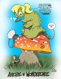 alternate_species black_clothing black_sweater black_sweater_vest black_text black_topwear black_vest blonde_hair blue_background bottomwear brown_bottomwear brown_clothing brown_pants bubble clothing female fungus gradient_background grass green_body green_lips green_skin group grumpy hair hand_in_pocket hookah lips looking_at_another looking_down looking_down_at_another male multi_arm multi_limb orange_hair pants pink_sclera plant pockets ponytail simple_background size_difference smile speech_bubble sweater sweater_vest text topwear trio vest white_speech_bubble jay_fosgitt alice_in_wonderland archie_comics archie_andrews betty_cooper caterpillar_(alice_in_wonderland) veronica_lodge arthropod caterpillar elemental_creature fungi_fauna human insect larva mammal 2013 absurd_res english_description english_text hi_res signature traditional_media_(artwork)
