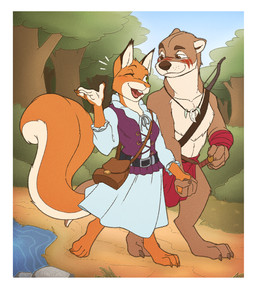 anthro bag barefoot bedroom_eyes belt biped blue_clothing border bottomwear bow_(weapon) brown_body brown_eyes brown_fur clothed clothed_female clothing dagger duo feet female forest fur green_eyes holidays jewelry loincloth male male/female markings medieval medieval_clothing melee_weapon narrowed_eyes necklace orange_body orange_fur plant purple_clothing ranged_weapon red_clothing river romantic romantic_couple seductive smile smiling_at_another smiling_at_partner topless topless_male tree tribal tribal_markings walking weapon white_border atta_catto conditional_dnp redwall valentine's_day eurasian_otter eurasian_red_squirrel lutra mammal mustelid otter river_otter rodent sciurid tree_squirrel hi_res