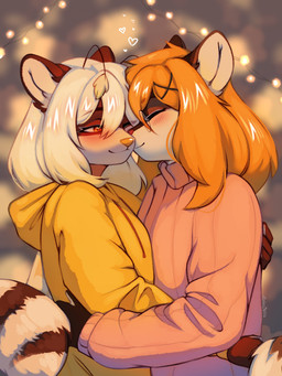 anthro biped blush breasts clothed clothed_anthro clothed_female clothing duo female fingers fur hair smile standing tail alphadesu mammal procyonid raccoon 2026 digital_drawing_(artwork) digital_media_(artwork) hi_res