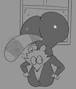 anthro ass_up big_breasts big_butt bodysuit breasts butt cleavage climbing_through_window clothed clothing female glistening glistening_bodysuit glistening_clothing glistening_skinsuit huge_breasts huge_butt markings moon skinsuit solo star striped_markings striped_tail stripes sweatdrop_(iconography) tail tail_markings tail_motion through_window tight_clothing wide_eyed window 25circle uva_the_raccoon mammal procyonid raccoon hi_res monochrome