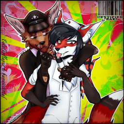 black_cap black_clothing black_gloves black_hair black_handwear brown_body brown_fur claws clothing dreadlocks duo fangs fur gloves hair handwear heterochromia long_hair male nazi_uniform nurse_clothing red_body red_eyes red_fur teeth tongue tongue_out totalkollapse yellow_eyes bunniishotaf lapfox_trax jackal_queenston renard_queenston canid canine canis domestic_dog fox german_shepherd herding_dog hybrid jackal mammal pastoral_dog procyonid raccoon 1:1 brother_(lore) brothers_(lore) sibling_(lore)