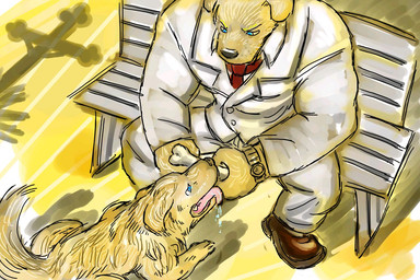 anthro bench blue_eyes bodily_fluids bone brown_body brown_fur clock clothed clothing cross drooling duo feral fur high-angle_view licking necktie nude offering_to_another on_bench saliva sitting tongue tongue_out watch wristwatch yellow_body yellow_fur yad canid canine canis domestic_dog mammal 3:2 restricted_palette