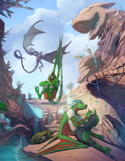 anthro backpack bat_wings blue_body blue_fur blue_hair brown_hair clothed clothing feral fur green_eyes group hair horn male membrane_(anatomy) membranous_wings scales tail trio white_body white_scales wings david_lillie dreamkeepers mythology dragon lizard mythological_creature mythological_scalie reptile ryuu-neko scalie absurd_res cel_shading hi_res shaded