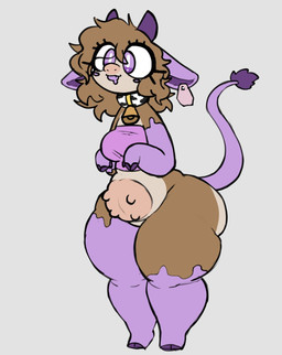 animal_print anthro bell bell_collar big_butt blep breasts butt clothing collar cow_print crop_top cross-eyed ear_piercing ear_tag female hair horn huge_butt messy_hair overweight piercing raised_arms shirt slime teats thick_thighs tongue tongue_out topwear udders dawrklawst dawrk bovid bovine cattle goo_creature mammal hi_res