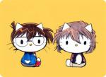 alternate_species anthro clothed clothing duo eyewear furrification glasses looking_at_viewer mouthless semi-anthro simple_background sitting whiskers yellow_background ichthy0stega detective_conan hello_kitty_(series) sanrio ai_haibara conan_edogawa domestic_cat felid feline felis mammal 2015