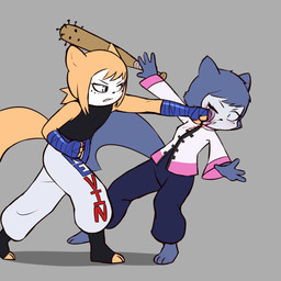 3_toes alternate_universe anthro arm_wraps bangs barefoot baseball_bat bat_(object) blood blue_eyes bodily_fluids bruised dominant dominant_femboy dominant_male duo ear_piercing feet female femboy fight industrial_piercing male male_dominating_female martial_arts nailed_bat piercing punch side_bangs toes wraps e254e kevin_(samichoptanuki999) kora_(e254e) mammal rodent sciurid tree_squirrel 1:1 absurd_res hi_res