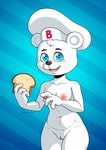 absurd_res anthro areola artidemonboy bear bimbo_(bakery) bimbo_bear blue_background blue_eyes blush blush_lines bread breasts chef_hat clothing eyelashes female food fur genitals hat headgear headwear heart_eyes heart_symbol hi_res holding_bread holding_food holding_object looking_at_viewer mammal navel nipples nude open_mouth open_smile pattern_background pink_areola pink_nipples pink_pussy pussy simple_background small_breasts smile solo striped_background white_body white_fur