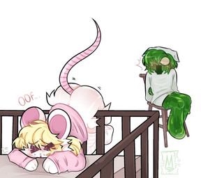 >.< accident arms_tied bed blonde_hair blush bodily_fluids bottomless bottomwear bound butt chair clothed clothing dialogue exposed_ass female fur furniture goo_hair green_body green_goo green_slime hair hat headgear headwear legwear male open_mouth pants partially_clothed pink_butt pink_clothing pink_ears pink_legwear pink_shirt pink_stockings pink_tail pink_thigh_highs pink_topwear pseudo_hair shirt shocked shorts simple_background sitting slime stockings sweat tail text thigh_highs topwear white_background white_body white_bottomwear white_clothing white_fur white_hat white_headwear white_pants white_shirt white_shorts white_topwear mallowzee12 terrible_mouse damm_(terrible_mouse) lorna_(terrible_mouse) goo_creature goo_humanoid humanoid mammal mouse murid murine rodent