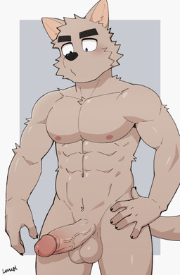 5_fingers abs anthro balls biped black_eyebrows black_nose border bouncing_balls cheek_tuft claws erection eyebrows facial_tuft finger_claws fingers foreskin fur genitals glans glistening glistening_balls glistening_body glistening_genitalia glistening_penis grey_background hand_on_hip humanoid_genitalia humanoid_penis looking_at_genitalia looking_at_own_penis looking_at_penis looking_at_self male male_anthro muscular muscular_anthro muscular_male navel nipples nude nude_anthro nude_male orange_balls orange_body orange_fur orange_penis orange_tail penis pink_glans pink_nipples retracted_foreskin simple_background solo swinging_penis tail text tuft vein veiny_penis white_border luwei_(artist) haita_(luwei) canid canine mammal 2024 2d_animation animated artist_name digital_media_(artwork) hi_res loop short_playtime