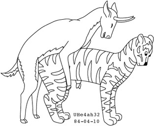 ambiguous_gender duo eyes_closed feral from_behind_position fur hooves interspecies male male/ambiguous mounting sex simple_background smile striped_body striped_fur stripes tail white_background urbanhermit antelope bovid felid mammal pantherine tiger 1984 black_and_white dated low_res monochrome