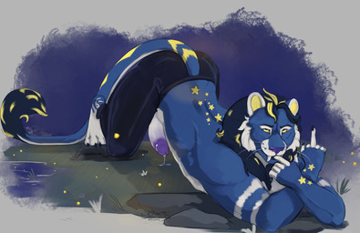 anthro ass_up blue_body blue_fur bodily_fluids dripping finger_in_mouth fur genital_fluids genitals gesture hair hand_gesture male mane mane_hair middle_finger night penis precum precum_drip purple_nose purple_penis solo star_pattern whiskers yellow_eyes tsunekitsune arthropod beetle elateroid felid firefly insect lion mammal pantherine