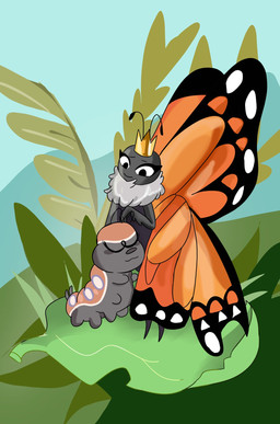 2_antennae 4_arms 6_legs :3 ambiguous_feral ambiguous_gender antennae_(anatomy) anthro arm_tuft bald black_antennae blush blush_stickers closed_smile crown duo eyebrows eyelashes eyeless featureless_feet featureless_hands feet female female_anthro feral gold_crown grey_blush grey_body grey_nose headgear insect_wings leaf lepidopteran_wings markings micro mouth_closed multi_arm multi_limb multicolored_wings nude orange_wings outside pink_markings plant round_nose ruff smile spots spotted_markings standing toddler tuft wings young young_ambiguous young_feral fenghuangz mirabelle_(honeycombcrown) sebastian_(auroradelight) arthropod butterfly caterpillar insect larva lepidopteran monarch_butterfly hi_res male_(lore) mother_(lore) mother_and_child_(lore) mother_and_son_(lore) parent_(lore) parent_and_child_(lore) parent_and_son_(lore) son_(lore)